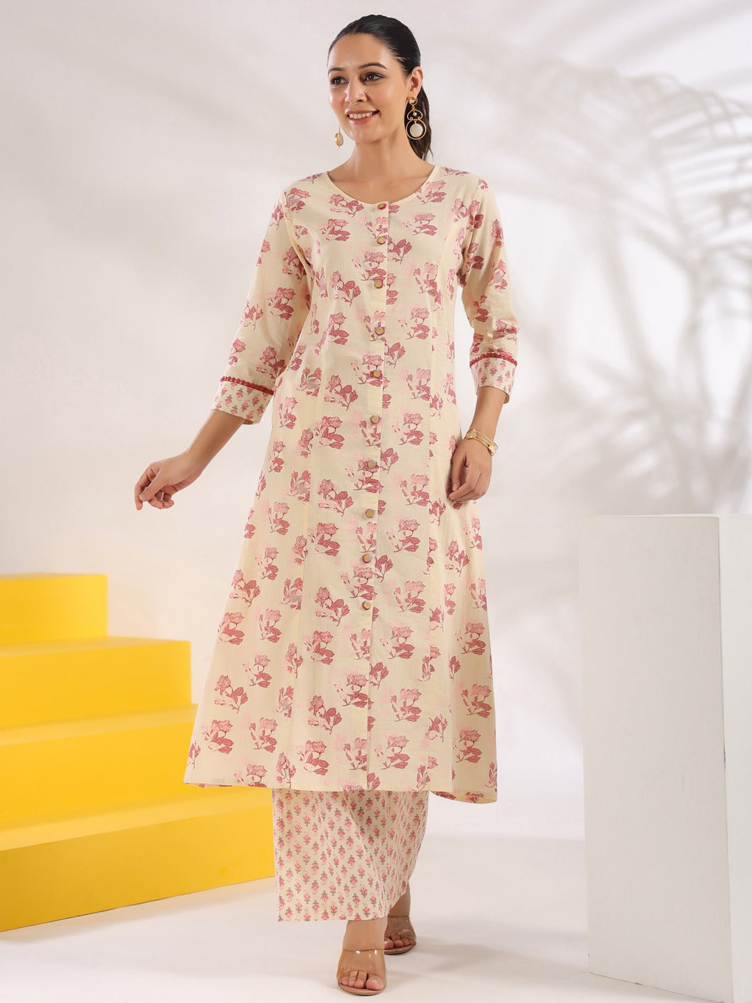 Yufta Cream And Pink Pure Cotton Floral Print A-Line Kurta Trouser Set - Distacart