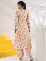 Thumbnail for Yufta Cream And Pink Pure Cotton Floral Print A-Line Kurta Trouser Set - Distacart