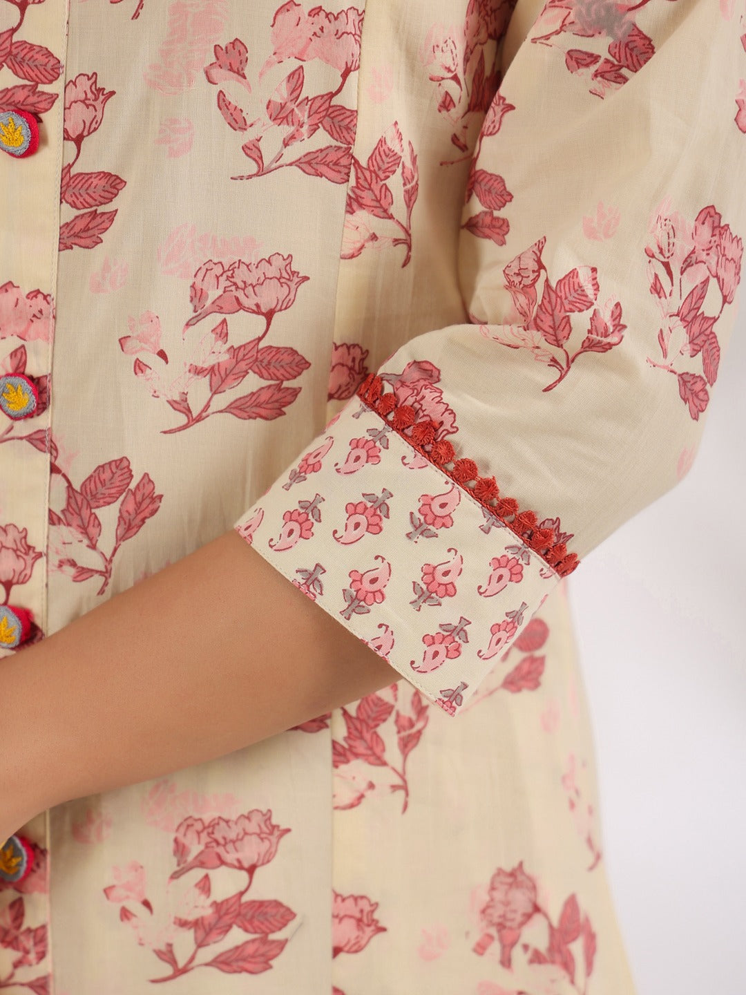 Yufta Cream And Pink Pure Cotton Floral Print A-Line Kurta Trouser Set - Distacart