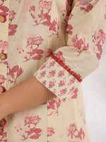 Thumbnail for Yufta Cream And Pink Pure Cotton Floral Print A-Line Kurta Trouser Set - Distacart