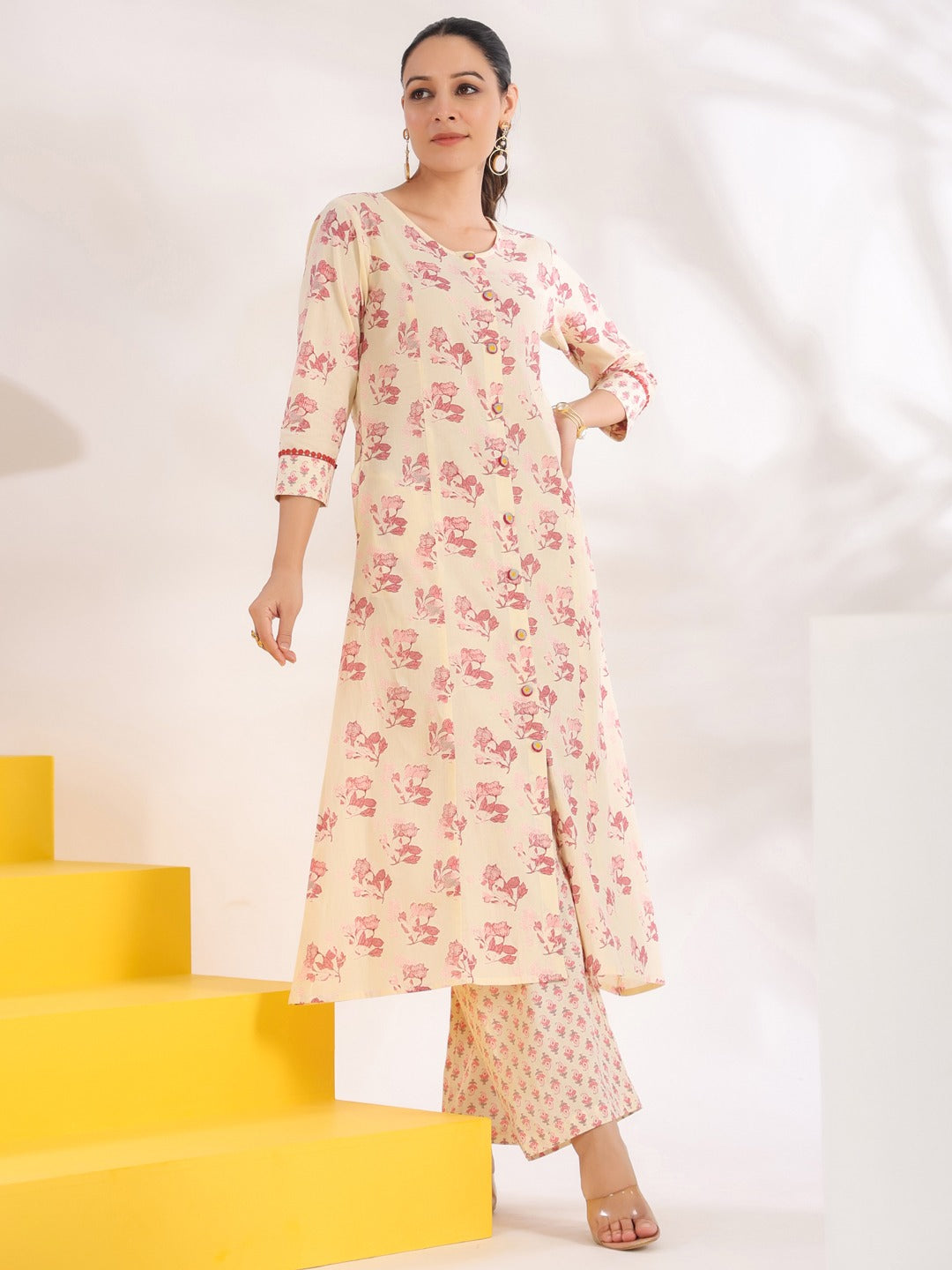 Yufta Cream And Pink Pure Cotton Floral Print A-Line Kurta Trouser Set - Distacart