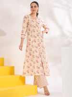 Thumbnail for Yufta Cream And Pink Pure Cotton Floral Print A-Line Kurta Trouser Set - Distacart