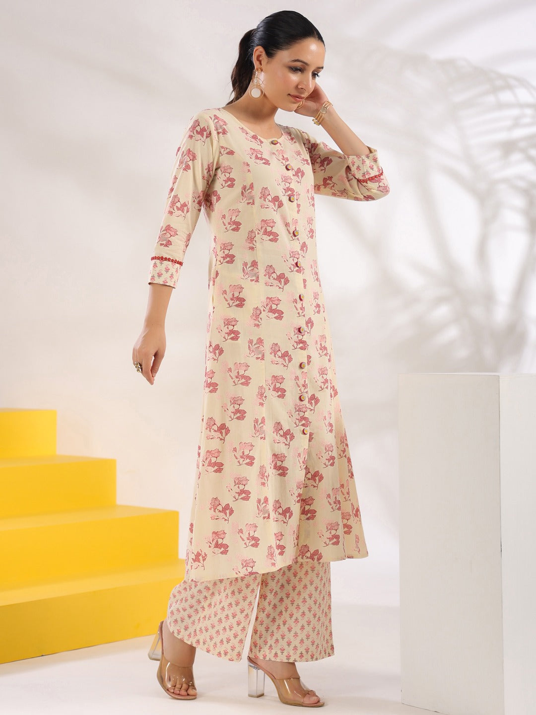 Yufta Cream And Pink Pure Cotton Floral Print A-Line Kurta Trouser Set - Distacart