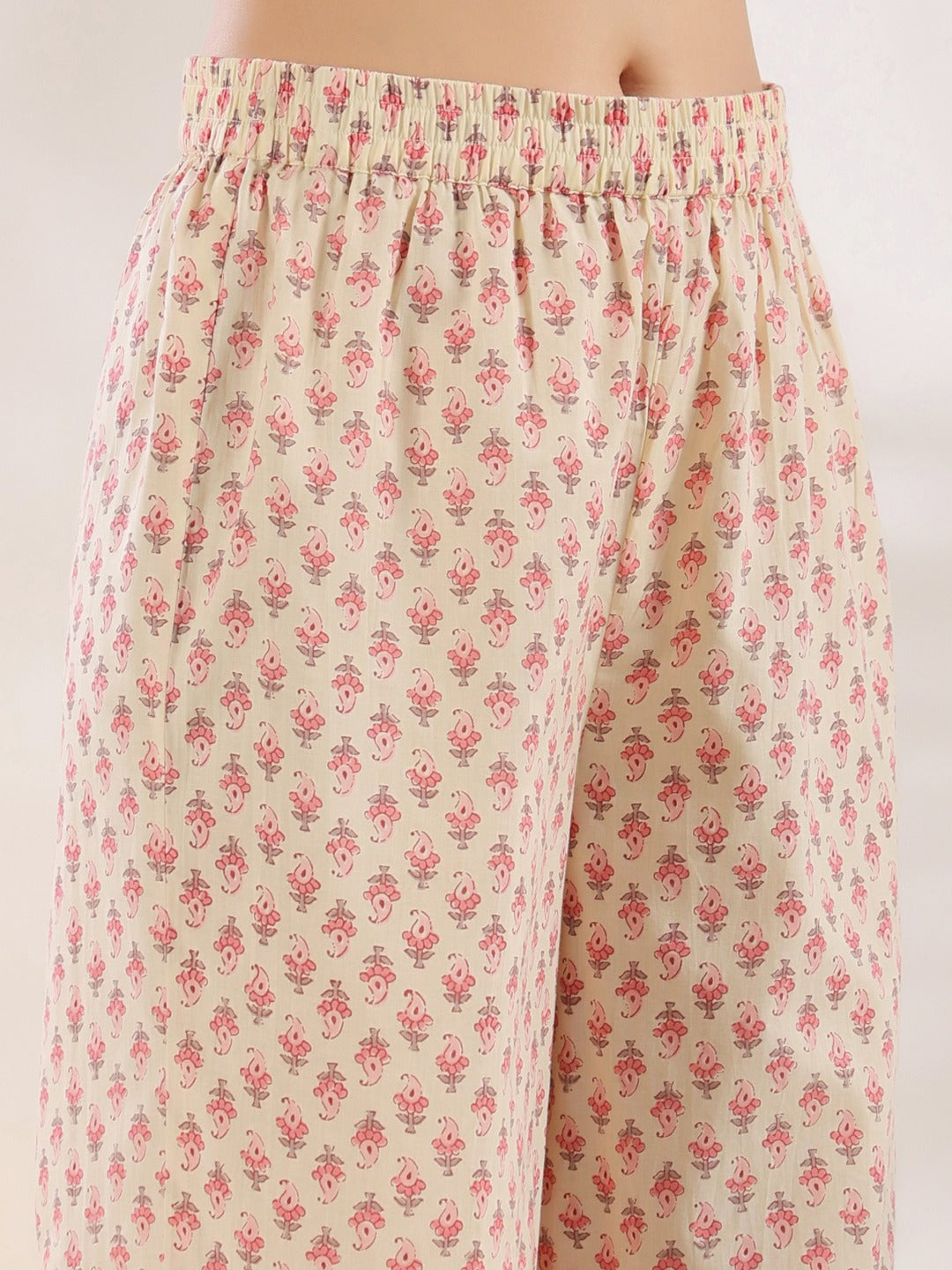Yufta Cream And Pink Pure Cotton Floral Print A-Line Kurta Trouser Set - Distacart
