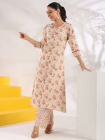 Thumbnail for Yufta Cream And Pink Pure Cotton Floral Print A-Line Kurta Trouser Set - Distacart