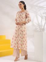 Thumbnail for Yufta Cream And Pink Pure Cotton Floral Print A-Line Kurta Trouser Set - Distacart