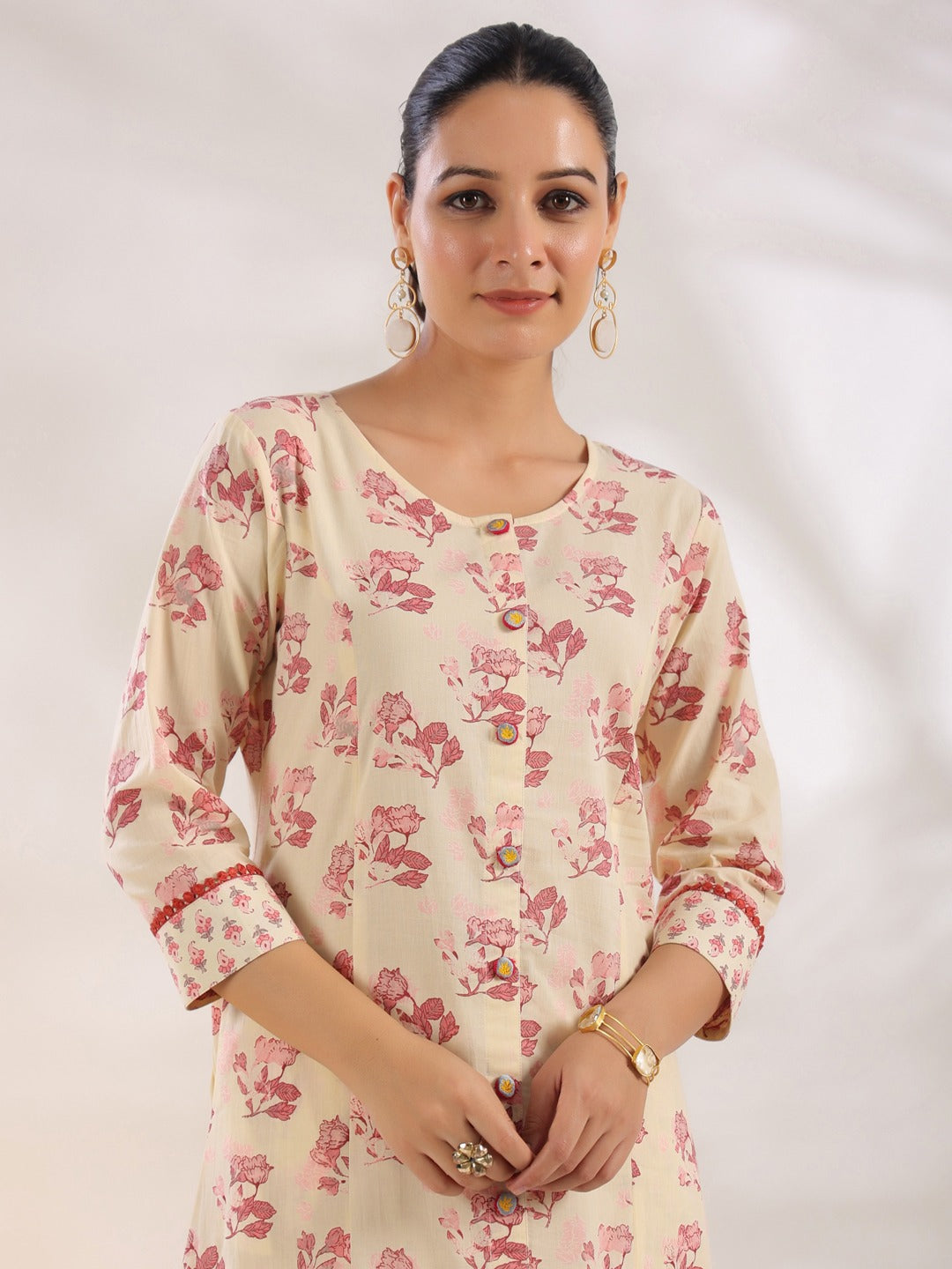 Yufta Cream And Pink Pure Cotton Floral Print A-Line Kurta Trouser Set - Distacart
