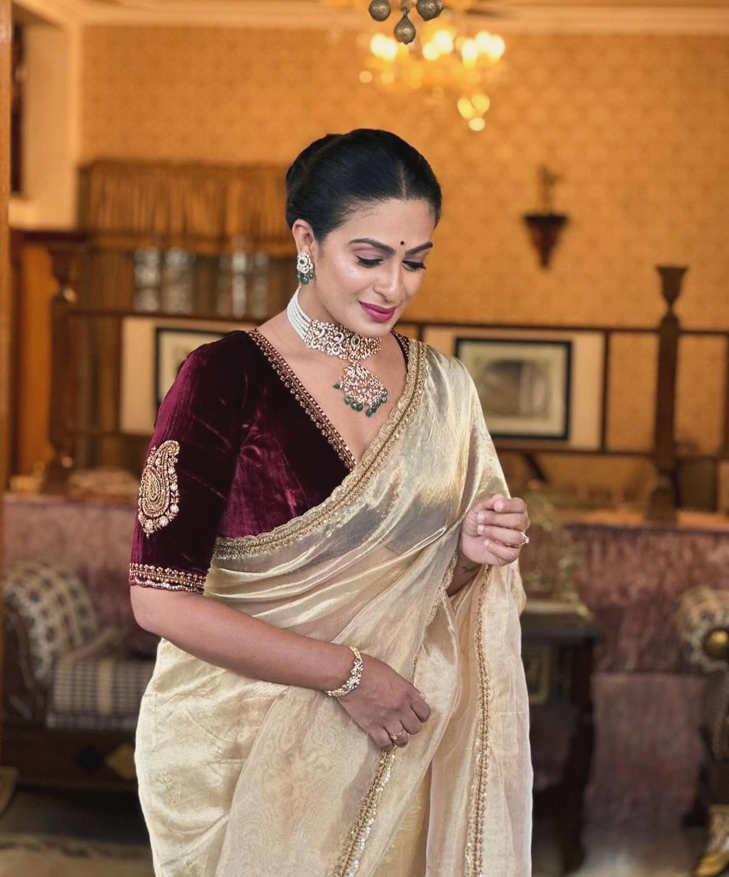 Evanik Cream Crush Tissue Silk Saree with Velvet Embroidery Stitched Blouse