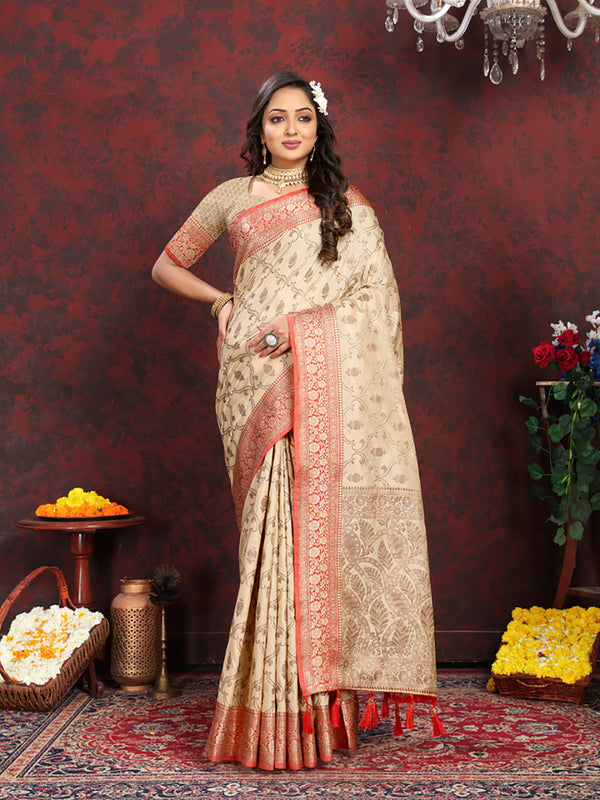 Lorenvalley Fashion Cream Soft Katan Silk Woven Design Rich Zari Weaving Pallu Saree - Distacart
