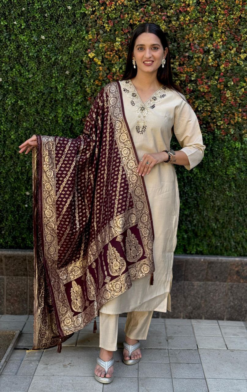 Lorenvalley Fashion Cream Roman Silk Hand Work Kurta Pant with Dupatta