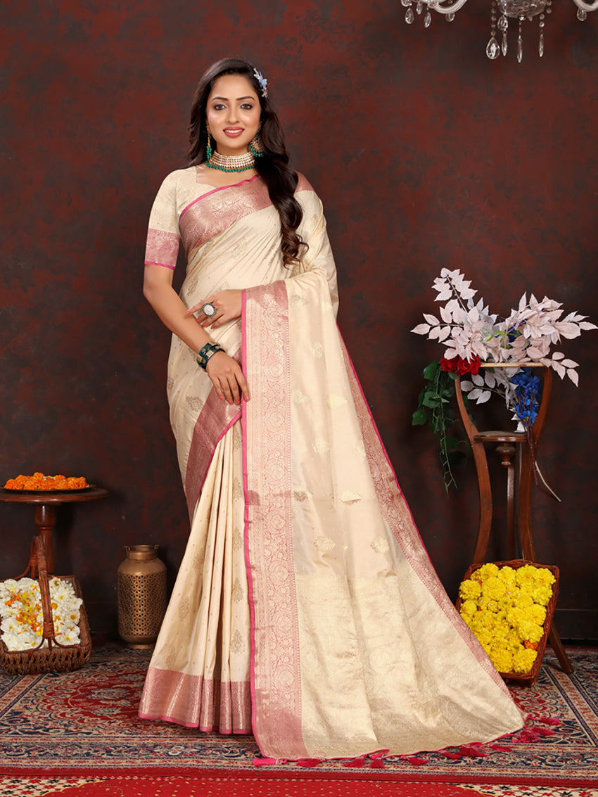 Lorenvalley Fashion Cream Soft Katan Silk Woven Design Zari Weaving Pallu Saree - Distacart