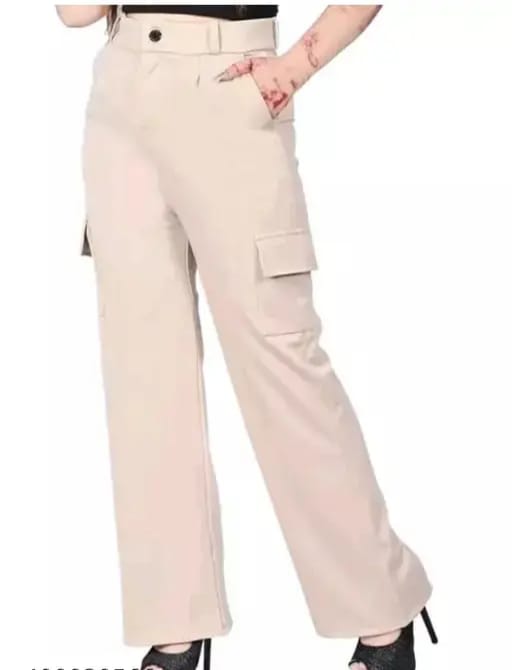 PAVONINE Cream Color Cotrise Fabric With 4 pockets Cargo/Trousers For Girls & Women - Distacart