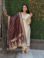 Thumbnail for Lorenvalley Fashion Cream Roman Silk Hand Work Kurta Pant with Dupatta