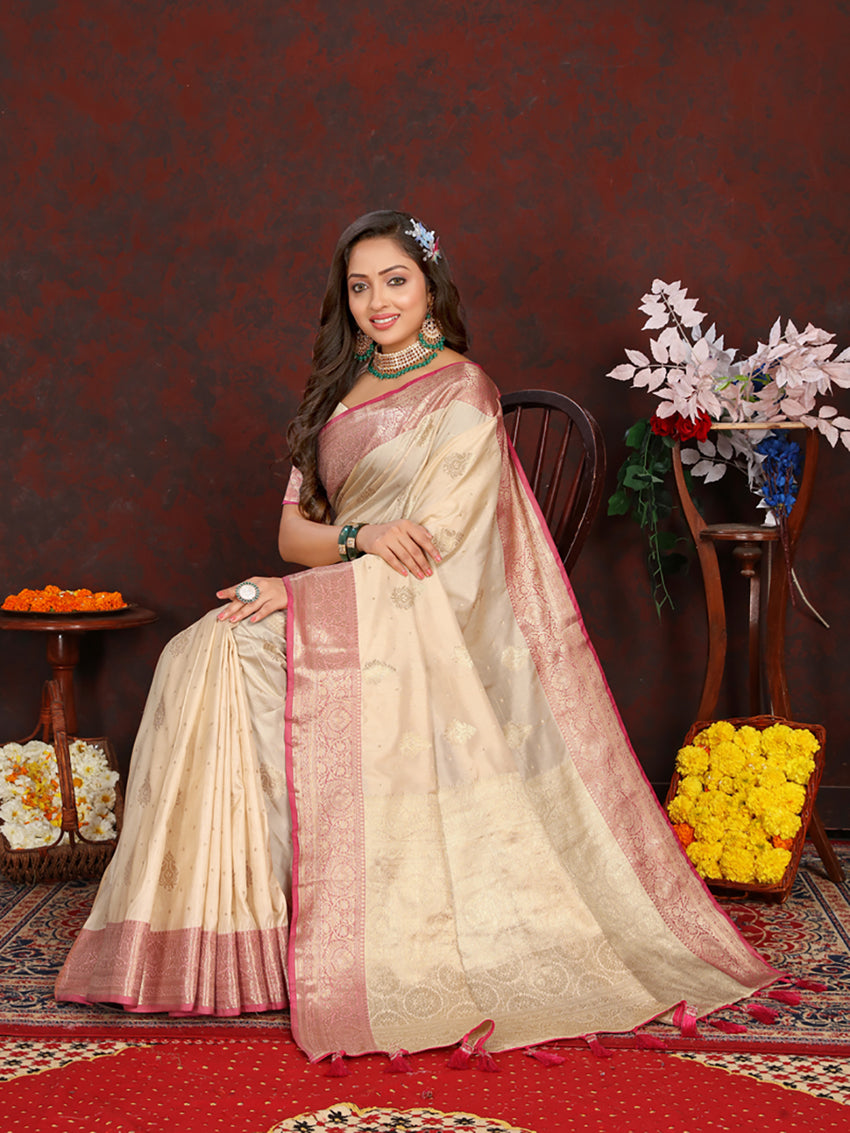 Lorenvalley Fashion Cream Soft Katan Silk Woven Design Zari Weaving Pallu Saree - Distacart