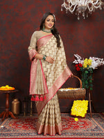 Thumbnail for Lorenvalley Fashion Cream Soft Katan Silk Woven Design Rich Zari Weaving Pallu Saree - Distacart