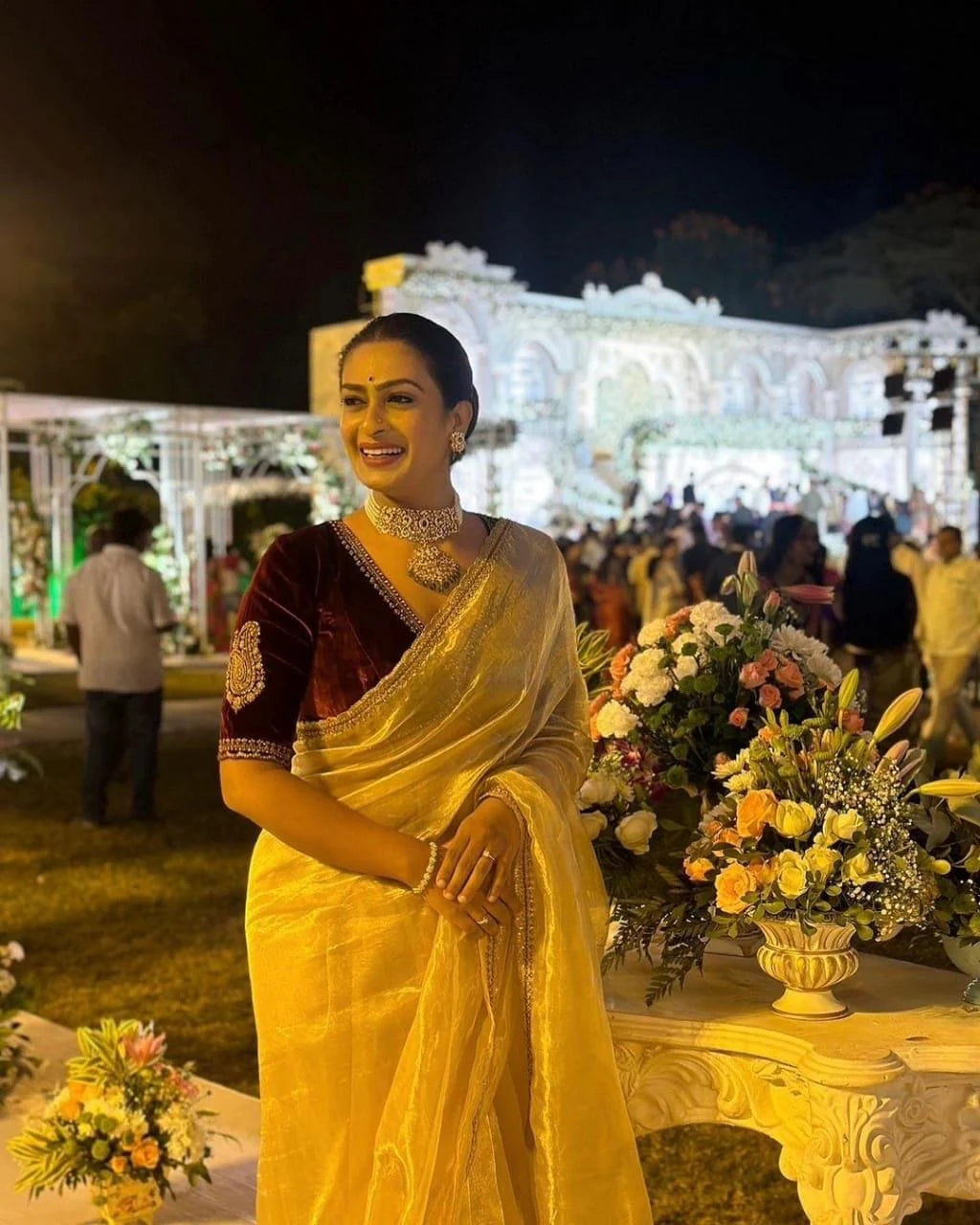 Evanik Cream Crush Tissue Silk Saree with Velvet Embroidery Stitched Blouse