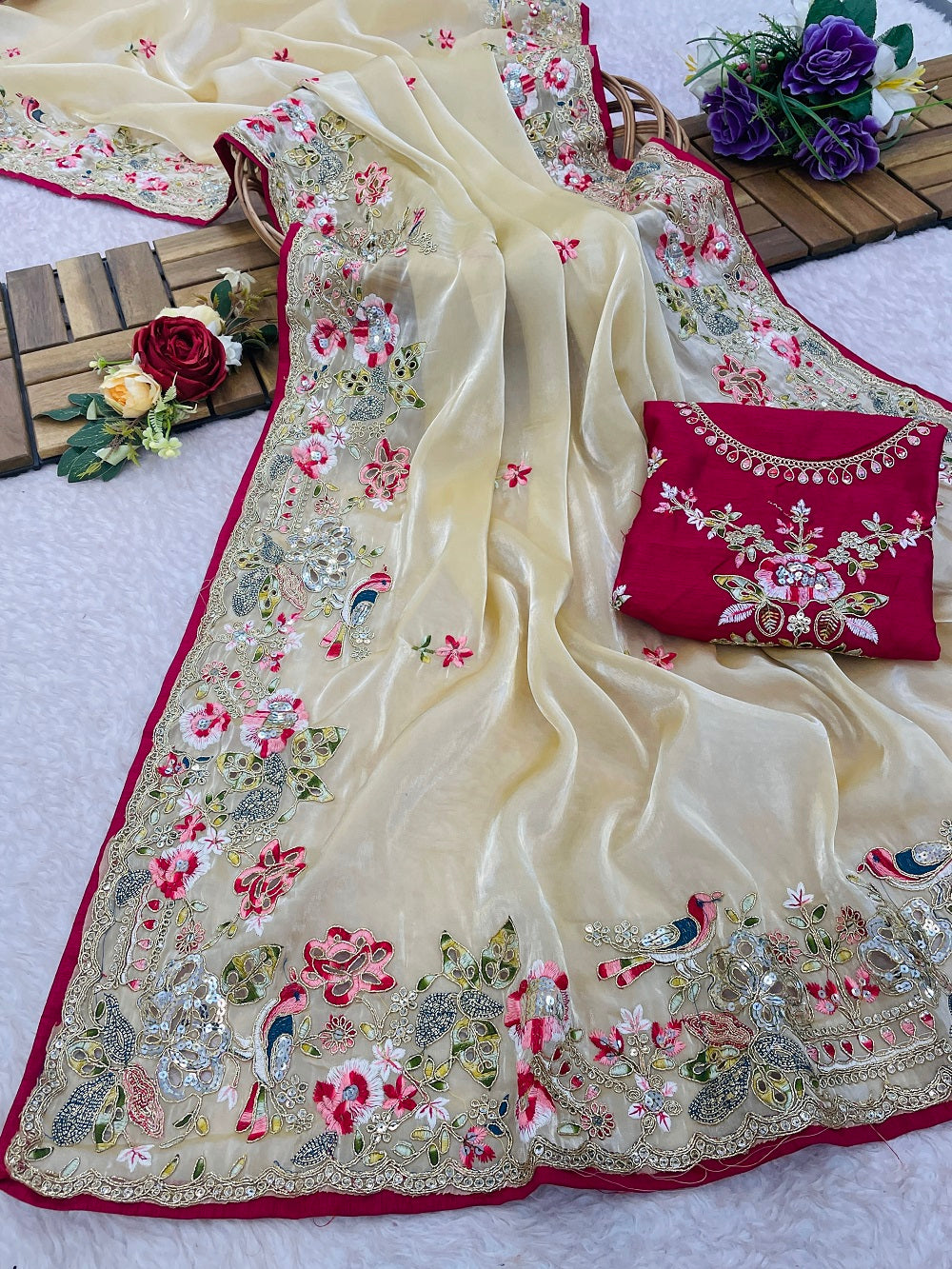 Evanik Pure soft zimmy choo silk embroidery Sequence work Saree with UnStitched Blouse