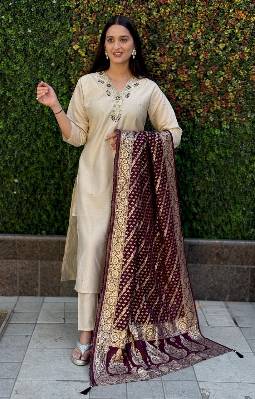 Lorenvalley Fashion Cream Roman Silk Hand Work Kurta Pant with Dupatta