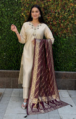 Thumbnail for Lorenvalley Fashion Cream Roman Silk Hand Work Kurta Pant with Dupatta