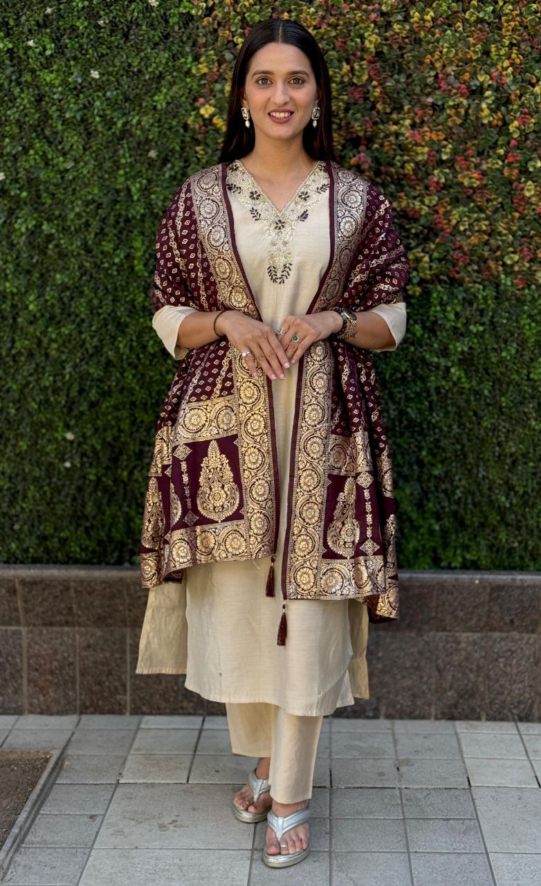 Lorenvalley Fashion Cream Roman Silk Hand Work Kurta Pant with Dupatta