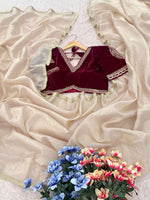 Thumbnail for Evanik Cream Crush Tissue Silk Saree with Velvet Embroidery Stitched Blouse