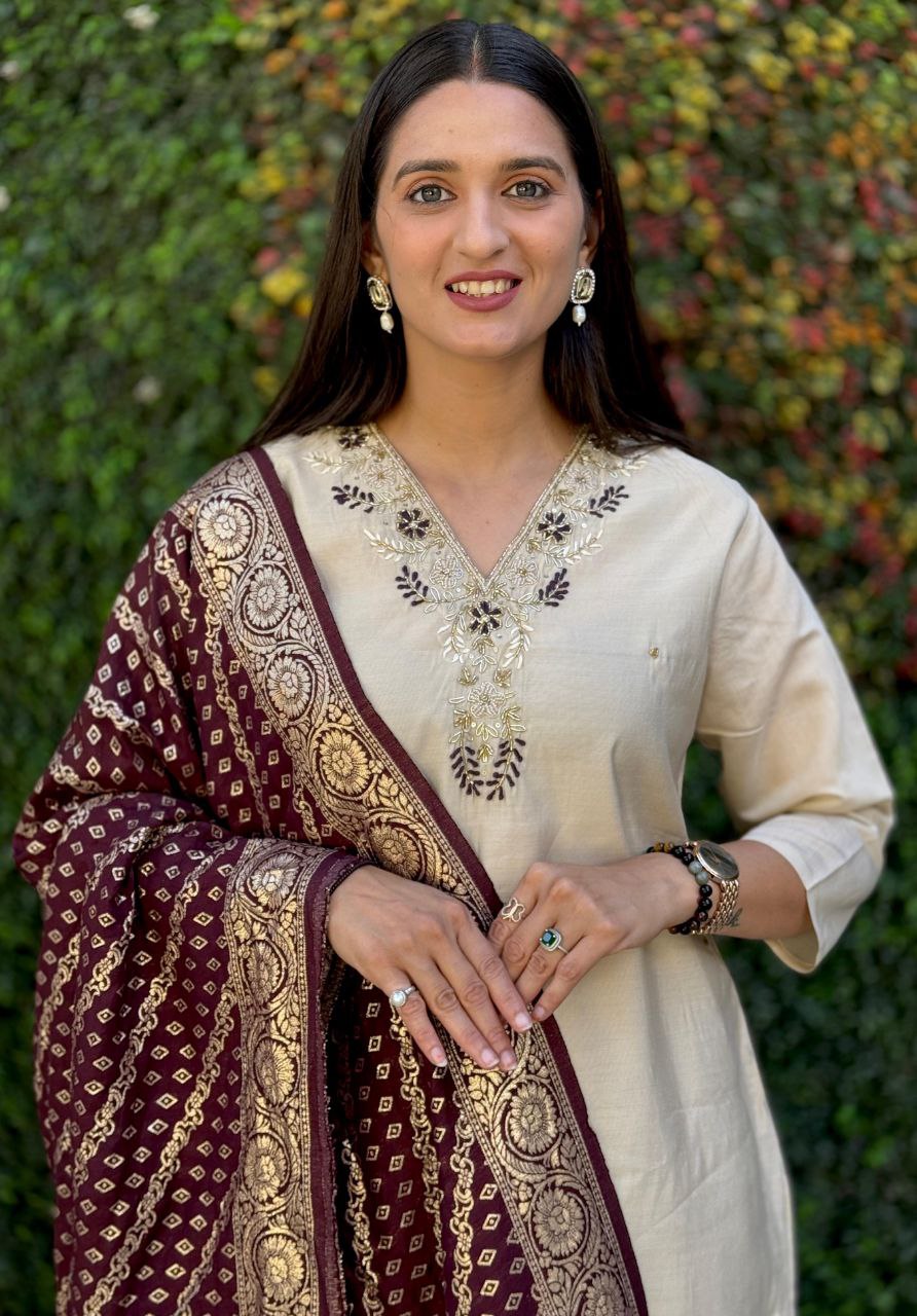 Lorenvalley Fashion Cream Roman Silk Hand Work Kurta Pant with Dupatta