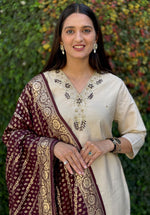 Thumbnail for Lorenvalley Fashion Cream Roman Silk Hand Work Kurta Pant with Dupatta