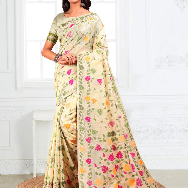 Anaita Cream Linen Printed Saree With Blouse - Distacart