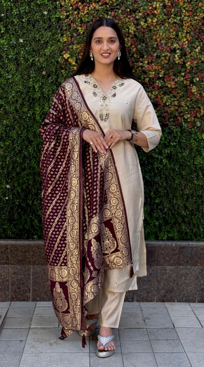 Lorenvalley Fashion Cream Roman Silk Hand Work Kurta Pant with Dupatta