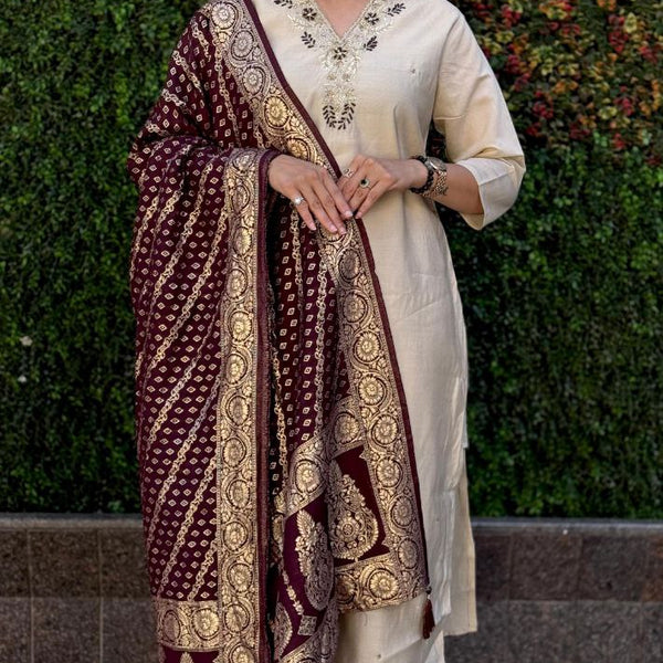 Lorenvalley Fashion Cream Roman Silk Hand Work Kurta Pant with Dupatta - Distacart