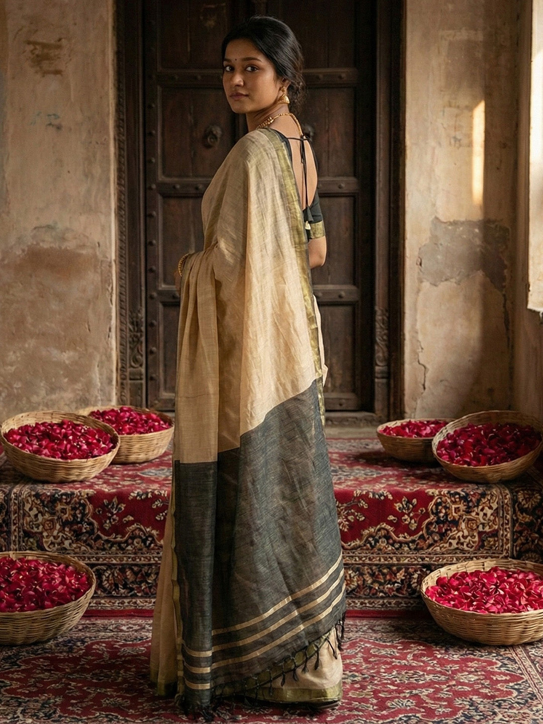 Anaita Cream Cotton Printed Saree With Blouse - Distacart