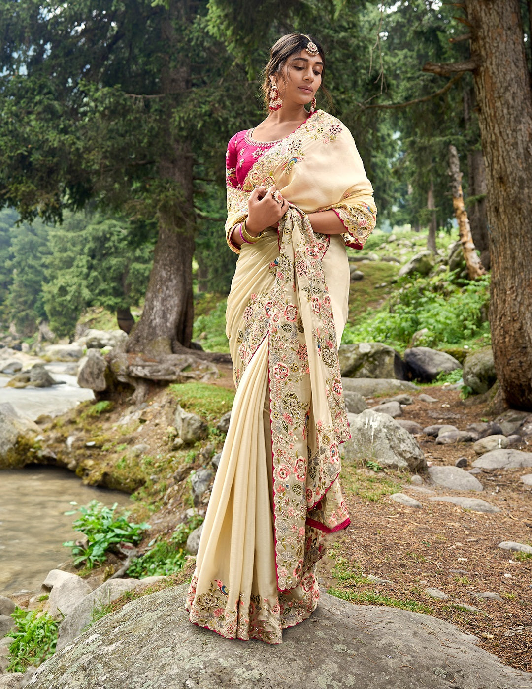 Evanik Pure soft zimmy choo silk embroidery Sequence work Saree with UnStitched Blouse