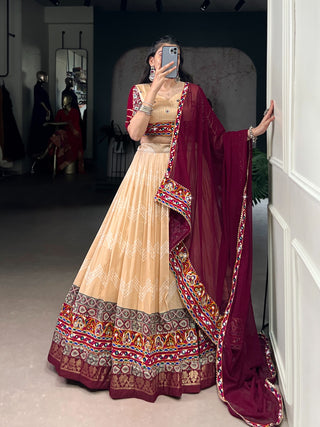 Lorenvalley Fashion Cream Tasar Silk Print with Foil Work and Real Mirror Gamthi Work with Lace Touch Up Lehenga Choli with Dupatta