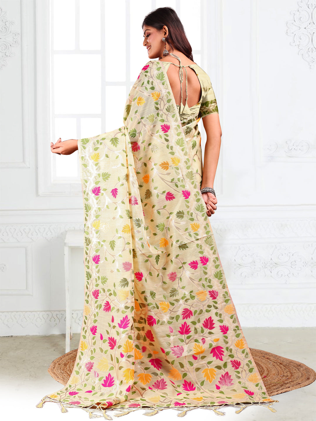 Anaita Cream Linen Printed Saree With Blouse - Distacart