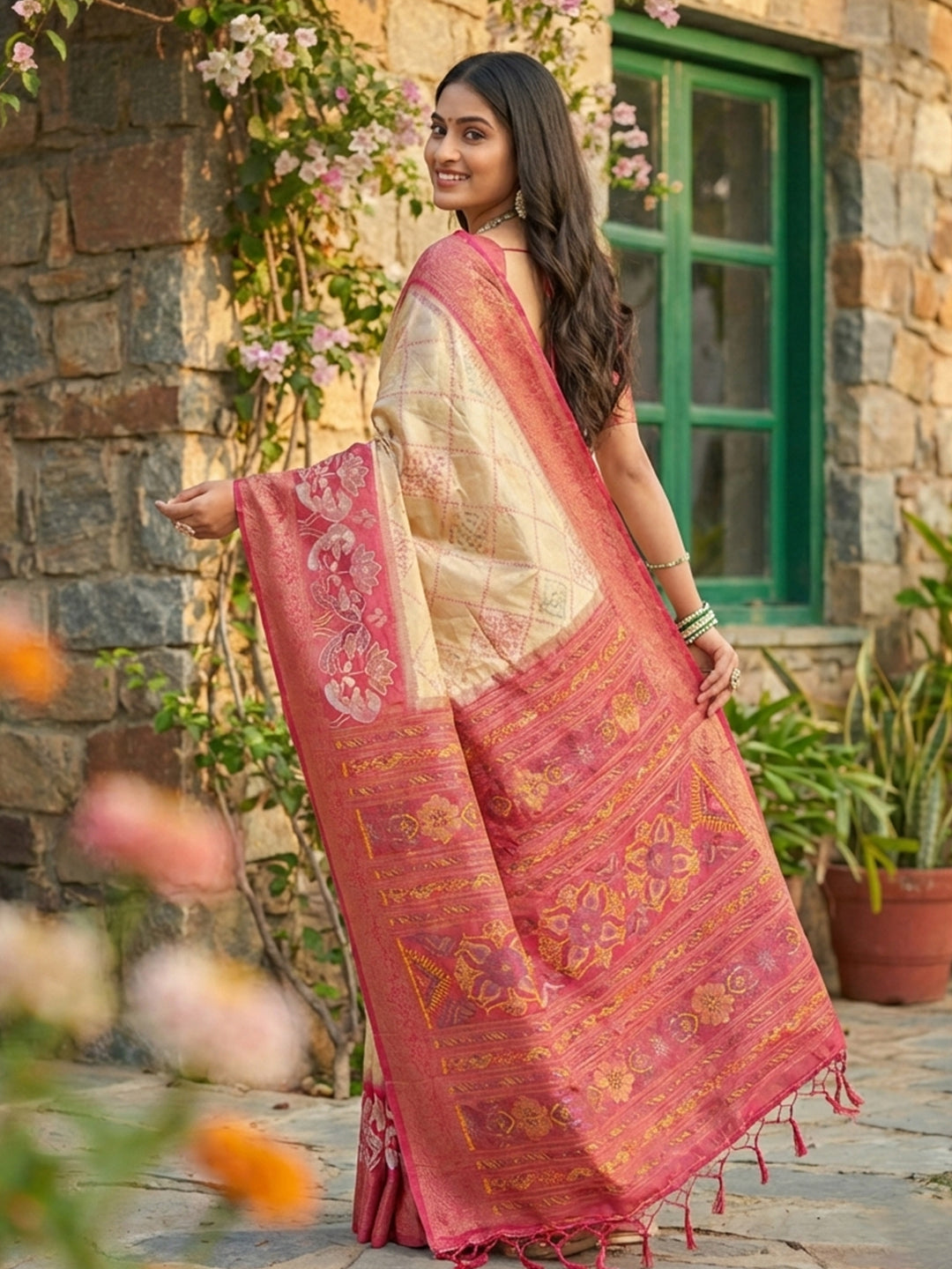 Anaita Cream Pochampally Printed Saree With Blouse - Distacart