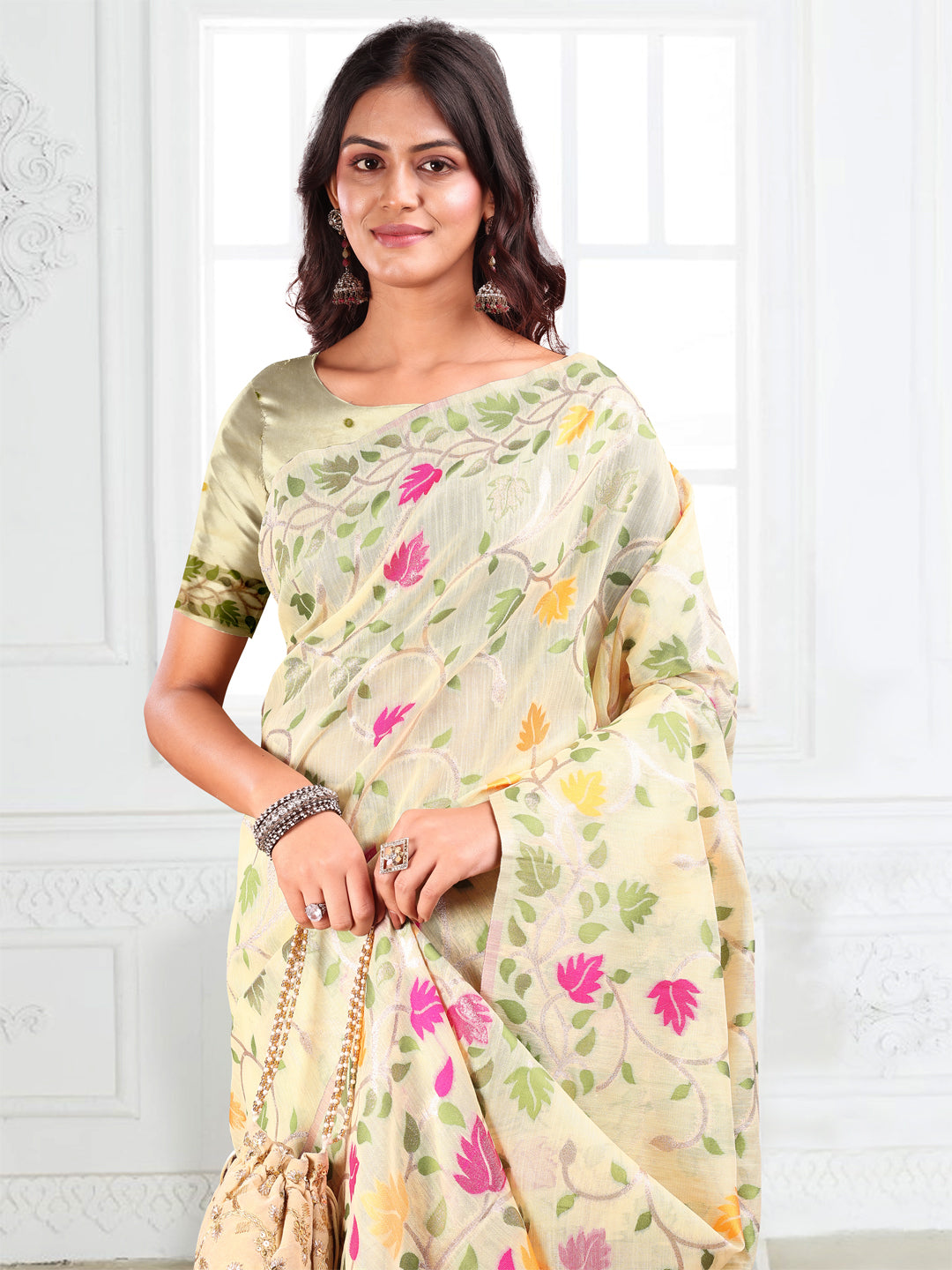 Anaita Cream Linen Printed Saree With Blouse - Distacart