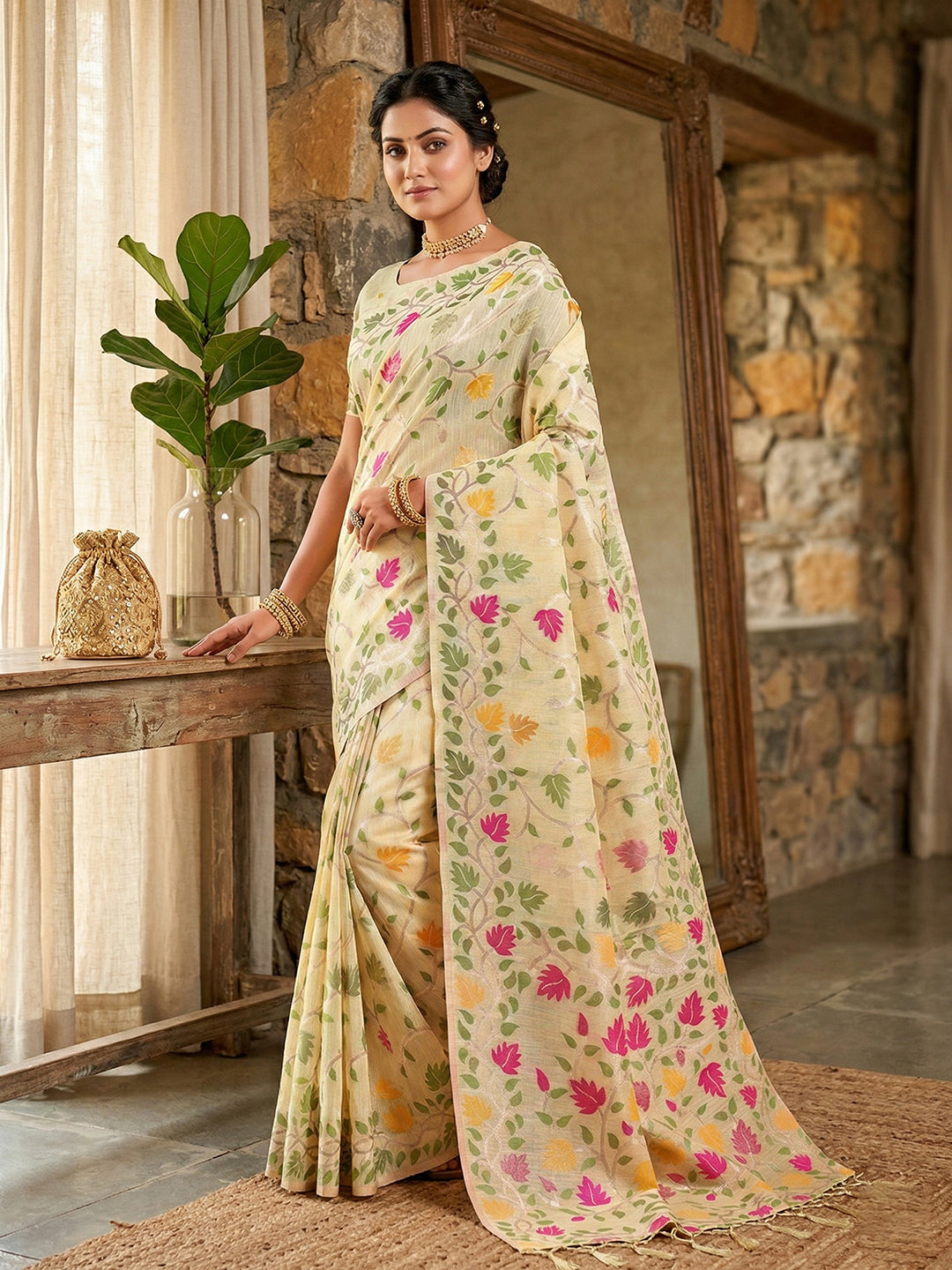 Anaita Cream Linen Woven Work Saree With Blouse - Distacart