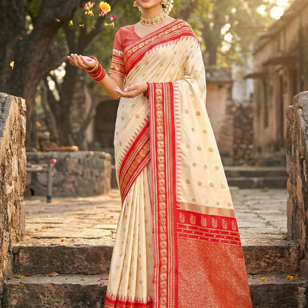 Anaita Cream Silk Woven Saree With Blouse - Distacart