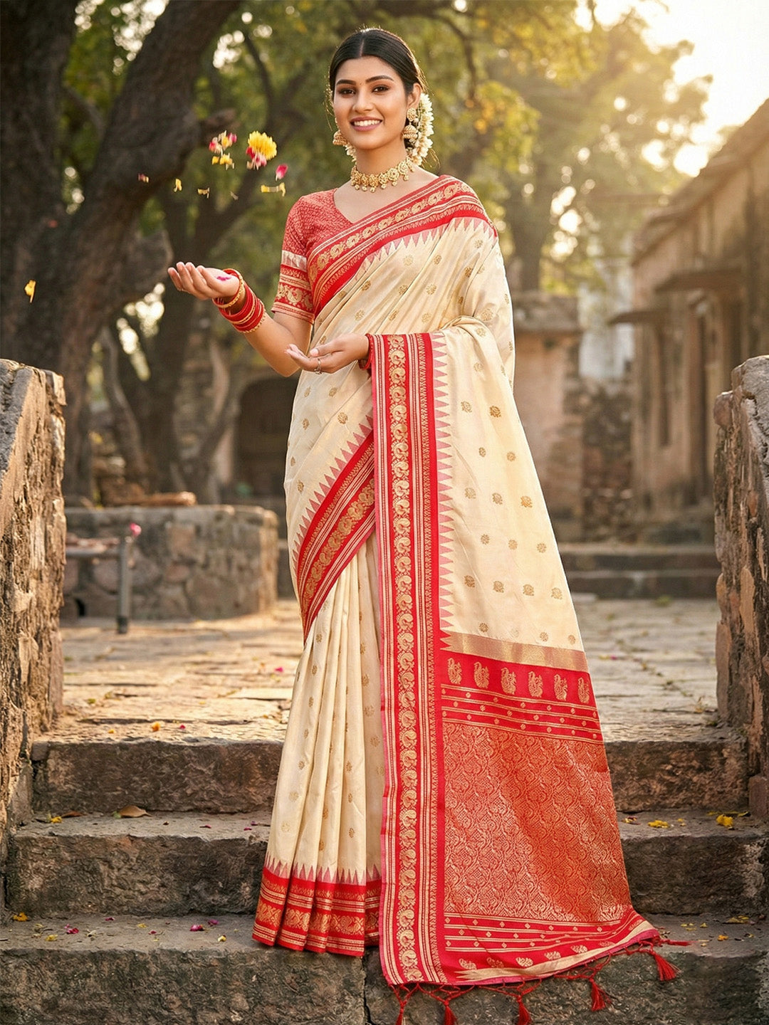 Anaita Cream Silk Woven Saree With Blouse - Distacart
