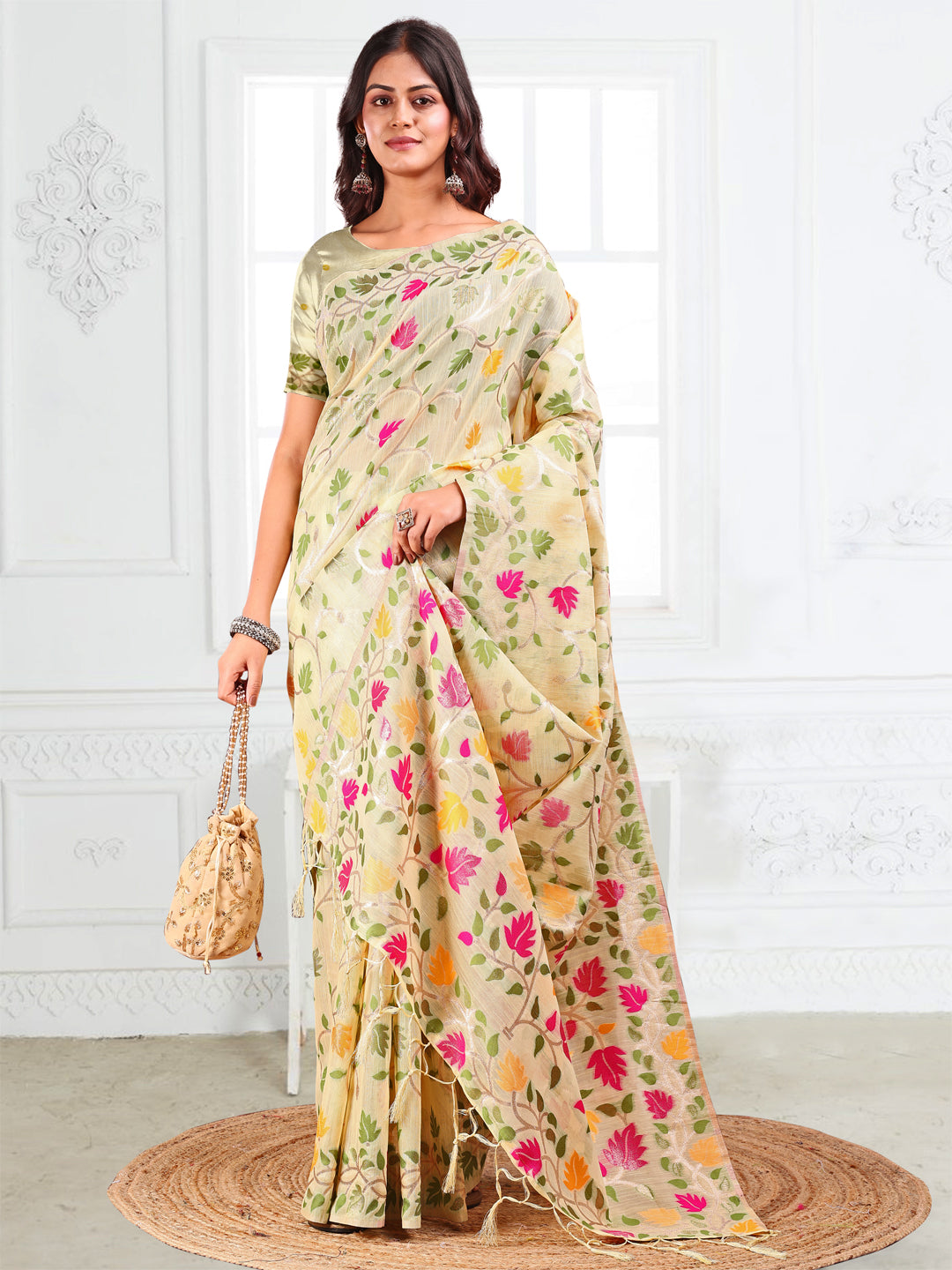 Anaita Cream Linen Printed Saree With Blouse - Distacart