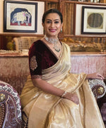 Thumbnail for Evanik Cream Crush Tissue Silk Saree with Velvet Embroidery Stitched Blouse