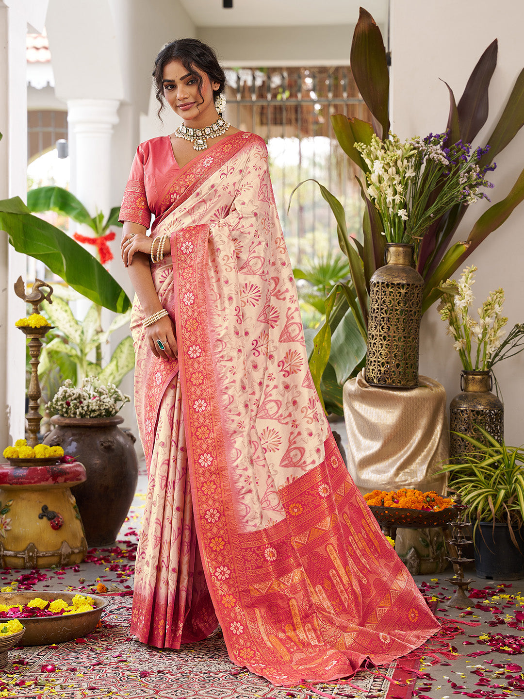 Anaita Cream Silk Woven Saree With Blouse - Distacart