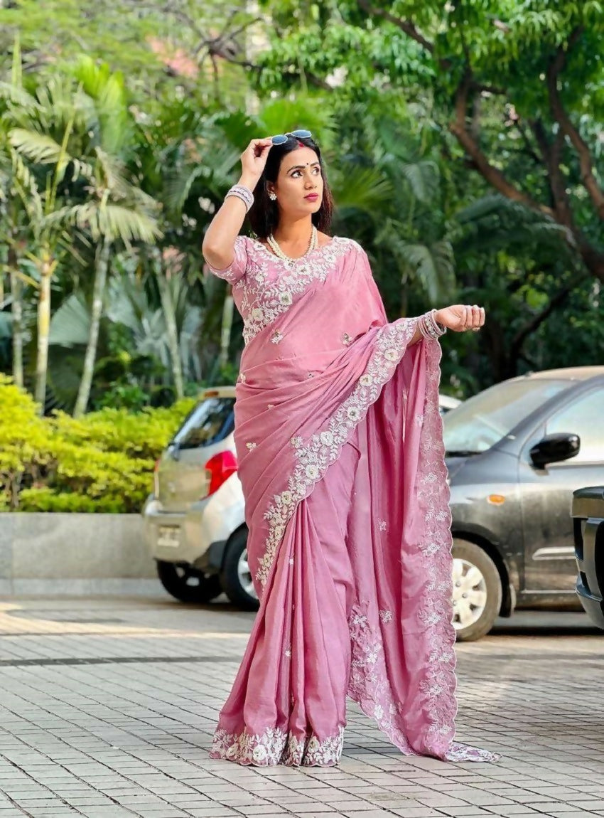 Teeya Creation New Womens Trendy Stylish Embroidered Work Saree-Beige - Dista