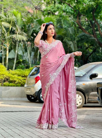 Teeya Creation New Womens Trendy Stylish Embroidered Work Saree-Beige - Dista