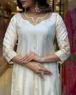 Thumbnail for The52 White Beautiful Embroidered Viscose Chanderi Fabric Straight Kurta Pant with Dupatta Set - Distacart