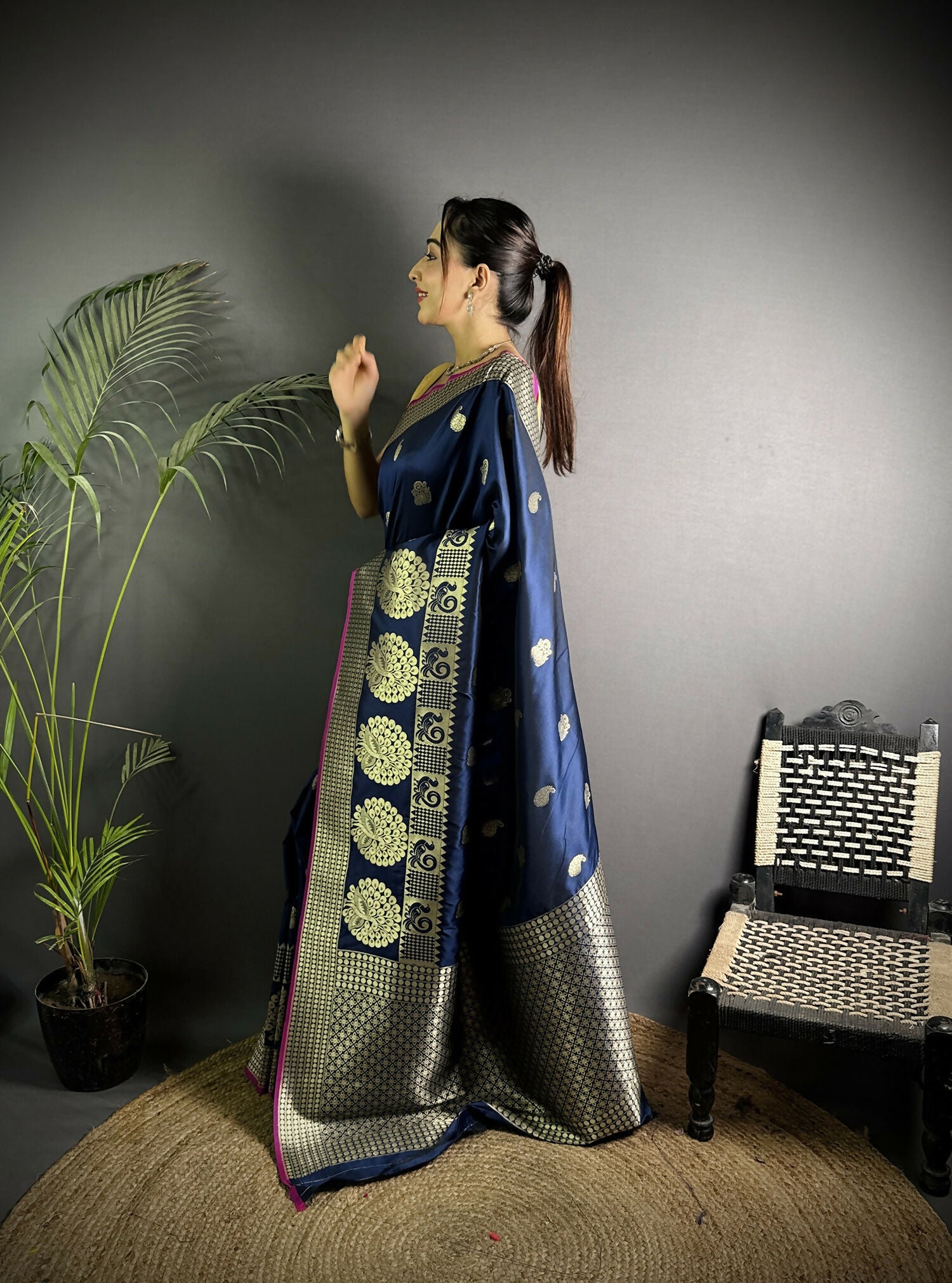 Joban Fashion Navy Blue Banarasi Soft Lichi Silk Paisley Saree