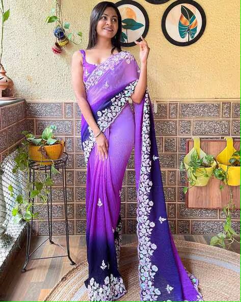 Vamika Embroidery Purple Georgette Bollywood Saree - Distacart