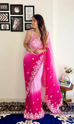 Thumbnail for Vamika Embroidery Pink Georgette Bollywood Saree - Distacart