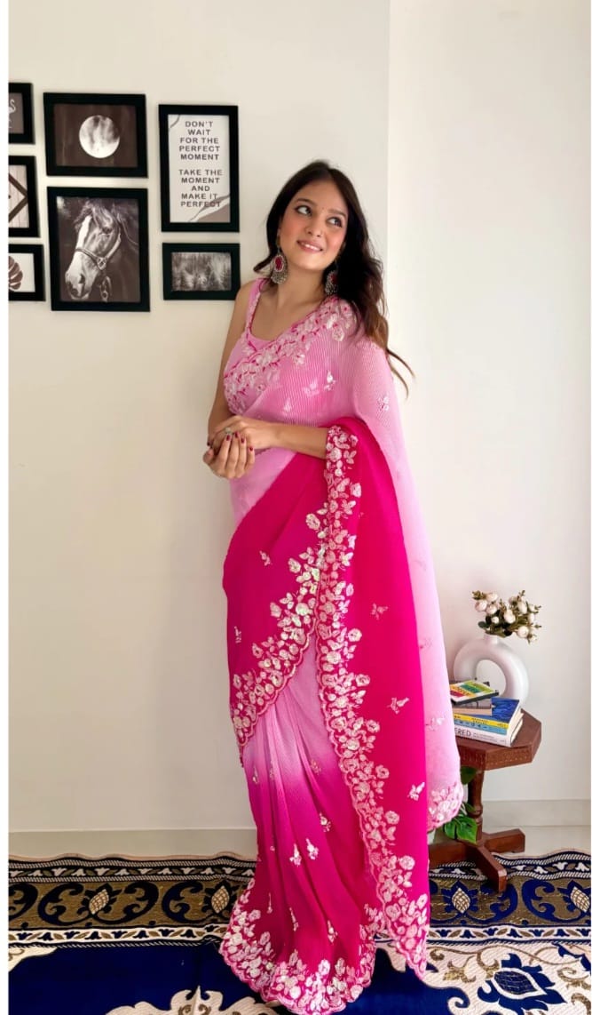Vamika Embroidery Pink Georgette Bollywood Saree - Distacart