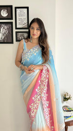 Thumbnail for Vamika Embroidery Sky Blue Georgette Bollywood Saree - Distacart